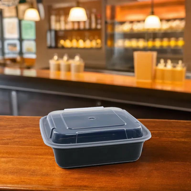 Take-Out Container Base & Lid Combo With Dome Lid 26 OZ PP Black Clear Square 150/Case