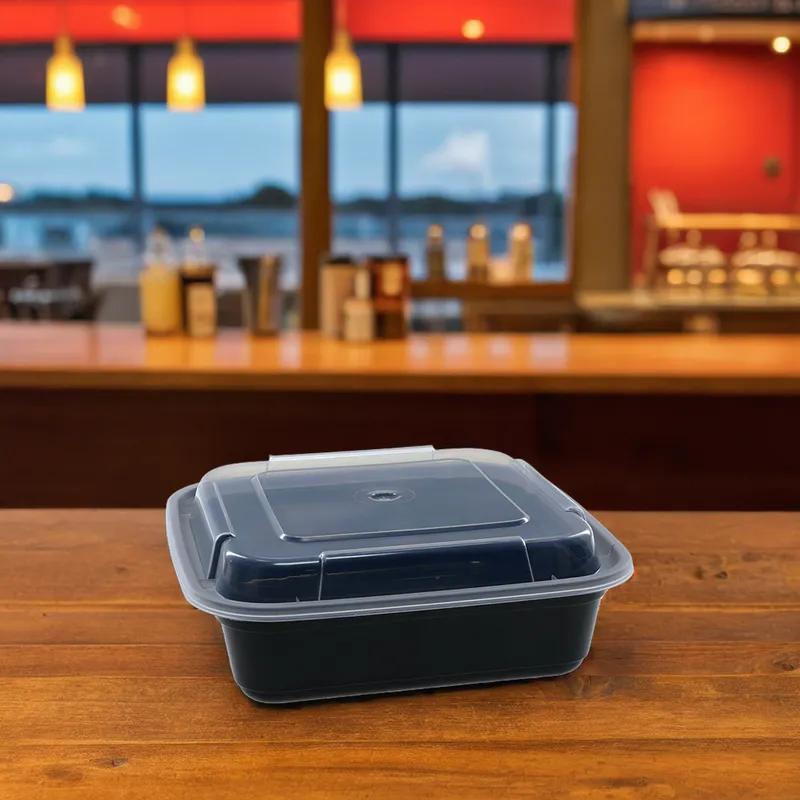 Take-Out Container Base & Lid Combo With Dome Lid 26 OZ PP Black Clear Square 150/Case