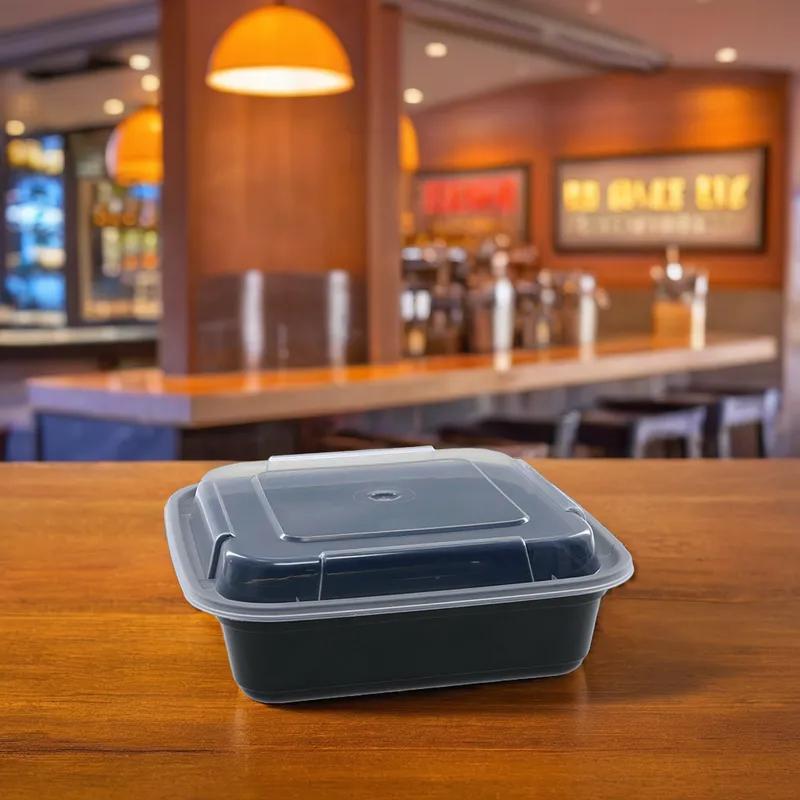 Take-Out Container Base & Lid Combo With Dome Lid 26 OZ PP Black Clear Square 150/Case