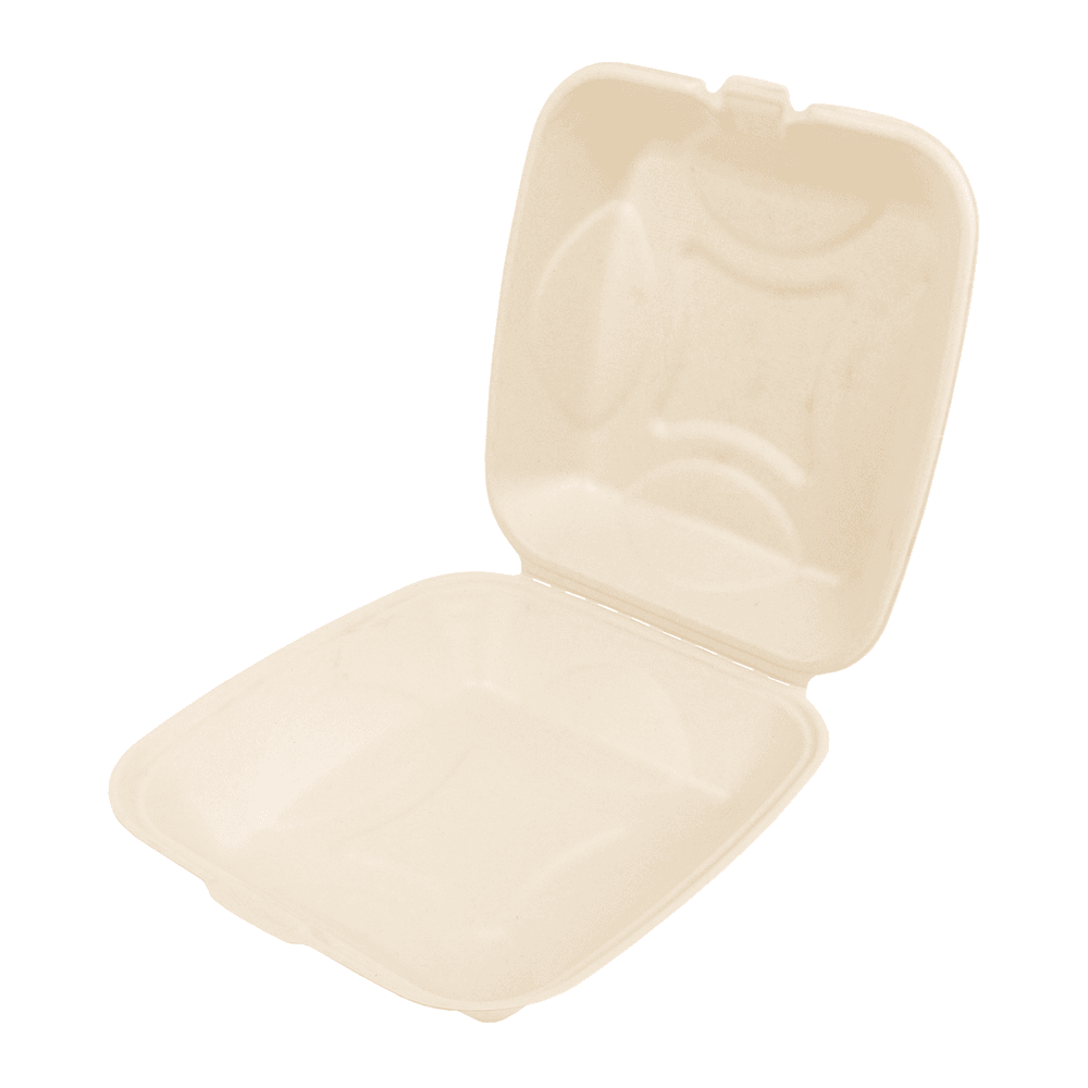Take-Out Container Hinged Large (LG) 9X9X3.19 IN Molded Fiber Natural Square 100 Count/Pack 2 Packs/Case 200 Count/Case