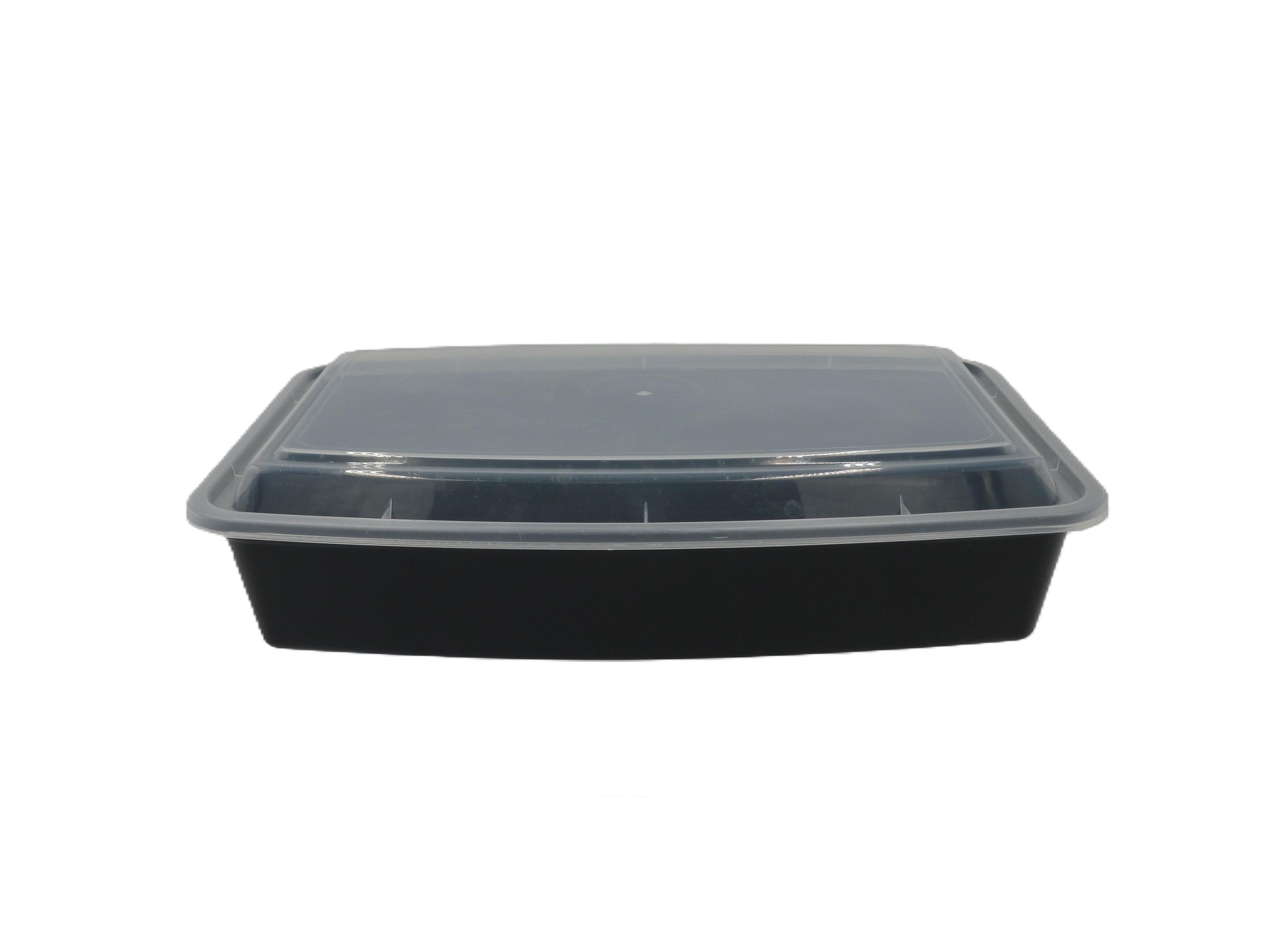 Take-Out Container Base & Lid Combo With Dome Lid Medium (MED) 48 OZ Plastic Black Clear Oblong 150/Case