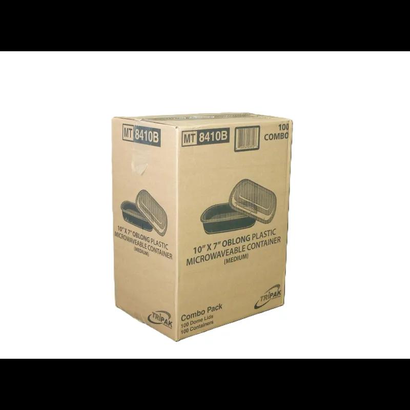 Take-Out Container Base & Lid Combo With Dome Lid Medium (MED) 48 OZ Plastic Black Clear Oblong 150/Case