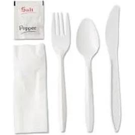 Boardwalk® 6PC Cutlery Kit PP White Medium Weight With Napkin,Fork,Knife,Spoon,Salt & Pepper 250/Case