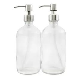 Soap Dispenser Liquid 16 OZ Clear Glass With Stainless Steel Pumps 2/Pack